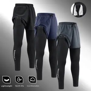 Men's 2-in-1 Compression Running Tights, Quick Dry Breathable Elastic Waist Athletic Pants with Phone Pocket, All-Season Workout Trousers for Gym, Outdoor Running & Sports Activities tapered sweatpants shorts split
