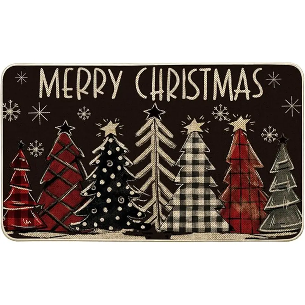 Merry Christmas Trees Christmas Decorative Doormat Black, Seasonal Winter Xmas Holiday Low-Profile Floor Mat Switch Mat for Indoor Outdoor