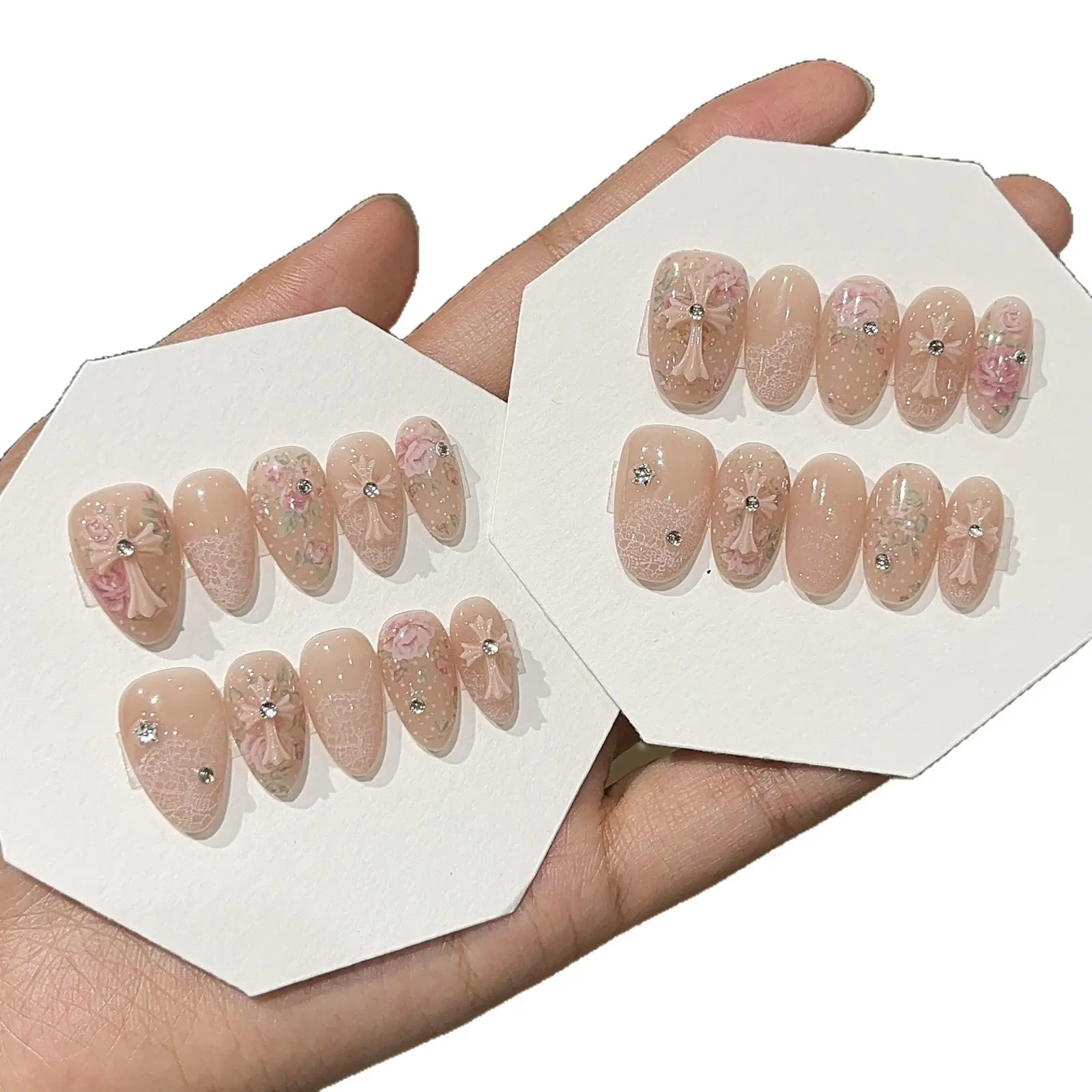 Short Almond Press-On Nails with Shimmery Pink Halo Gradient, Flower, Cross & Zircon Accents, Reusable ABS Artificial Nails, Sizes S/M/L, Beauty Products, Glossy