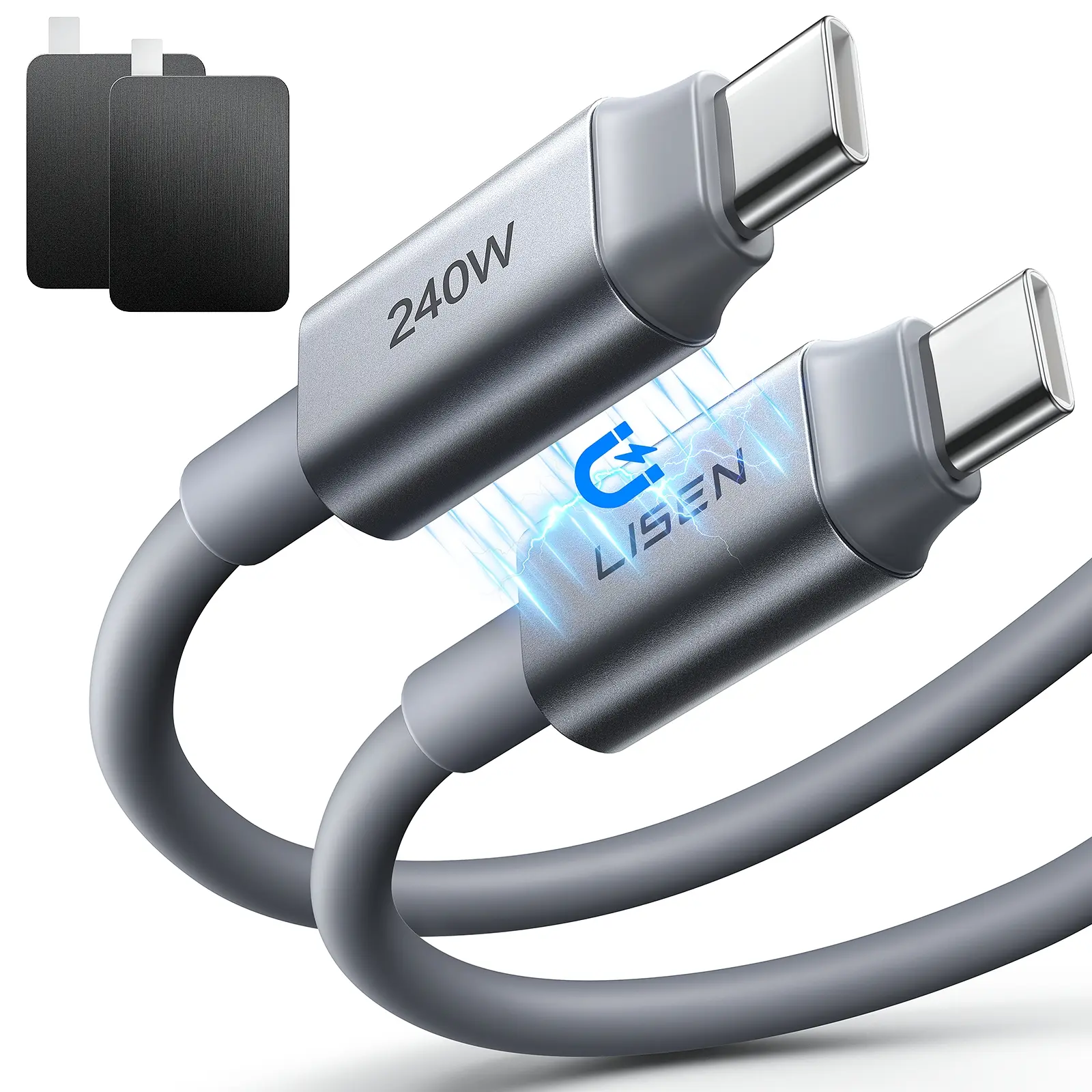 【Buy 1 Get 2】LISEN 240W  Super Fast Charging1.5M USB-C to C Dual Magnetic Silicone Charging Cable, With Adhesive Magnetic Cable Organizer for Snap-on Storage,  Compatible with iPhone 17/16, iPad, MacBook Air Pro, Samsung, for Home, Car, office