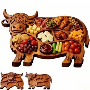 Highland Cow Wooden Charcuterie Board, Rustic Farmhouse Serving Board, Appetizer Board, Serving Platter, for Snack Fruit Meat Cheese Home Party Banquet Family Gathering Dining Table Holiday Kitchen