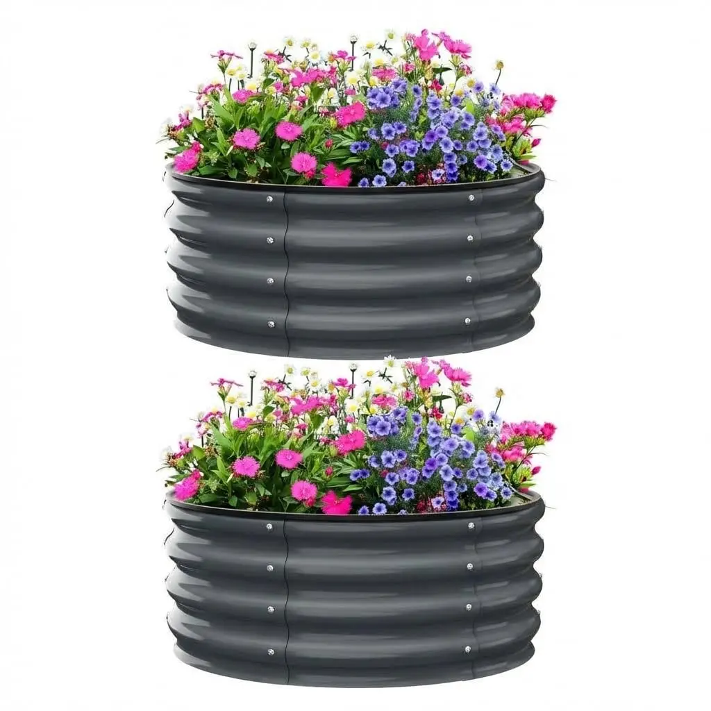2 Pack Grey Round Galvanized Raised Garden Bed, 2x2x1FT – Heavy Duty Metal Planter Box with Open Bottom Design for Optimal Drainage, Weather Resistant Anti-Rust for Vegetables, Flowers, Herbs