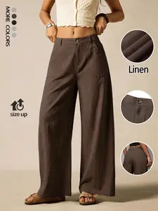 Women's Summer Linen Breathable Lightweight Palazzo Pants Classical  Flowy Wide Straight Leg Beach Trousers With Pocket Casual Solid Color Soft Elastic High Waist Lounge Pants Travel Vacation Bottoms Date Brunch Home Work Street wear Outfit