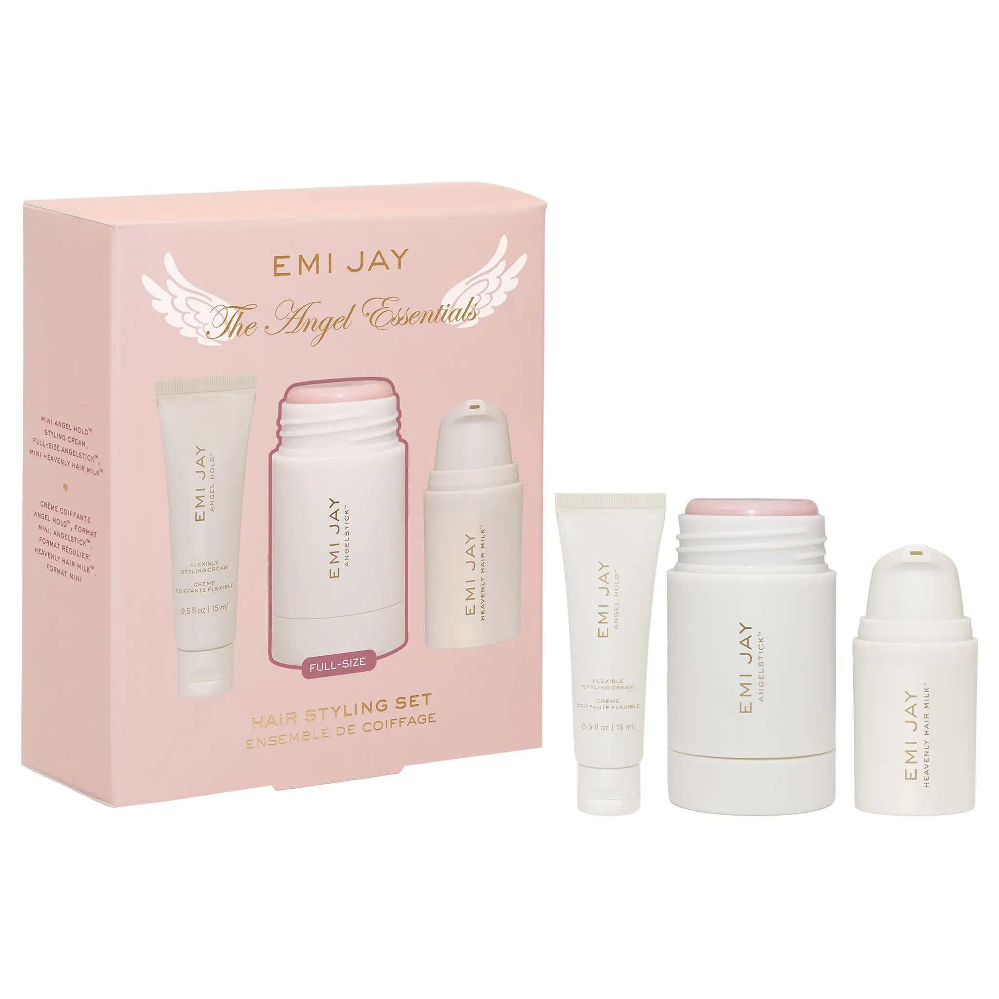 Emi Jay Limited Edition Angel Essentials Hairstyling Set - Featuring a travel-size Angel Hold Styling Cream, full-size Angelstick, and travel-size Heavenly Hair Milk