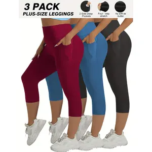 Plus Size, 3-Pack Women's High-Waisted Tummy Control Capri Leggings - 4-Way Stretch Running Pants with Side Pockets, Plus Size 7/8 Length, Non-See-Through Fabric for Spring Summer Fall, Functional Side Pockets  Tiktok shop yoga workout reg leggings