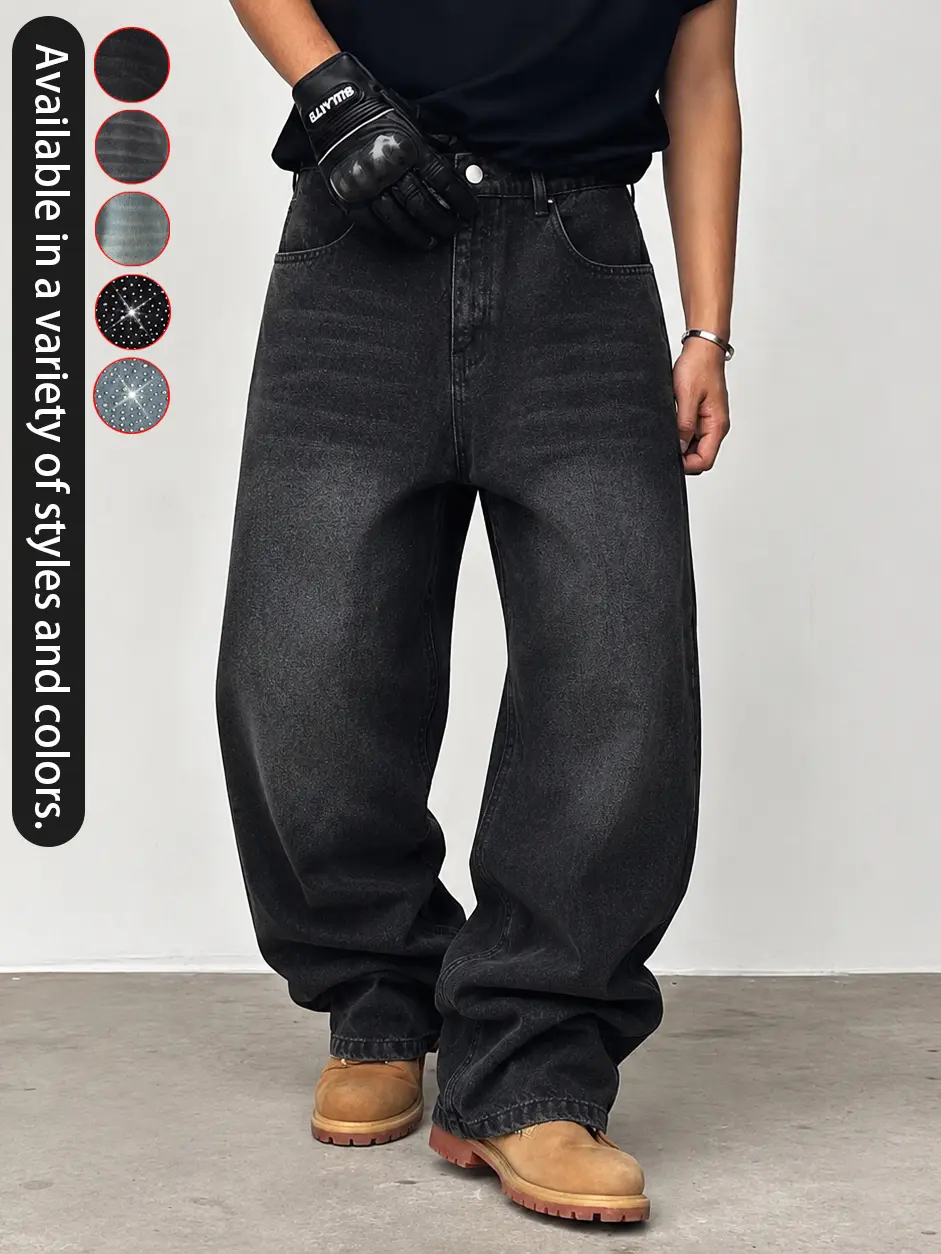 Men's Baggy Hip Hop Jeans Wide Leg Skater Denim Pants, Vintage Washed Loose Fit Streetwear Trousers, Y2K Casual Urban Rap Style Bottoms with Pockets, Relaxed Oversized Full Length Jeans for Daily Wear, Dance, Skateboarding and Weekend Outfits for Men