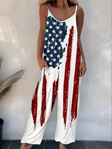 【Plus Size】 Random American Flag Print Pocket Cami Jumpsuit, Casual Adjustable Strap Sleeveless Jumpsuit for Daily Wear, Women's Plus Clothing for All Seasons, Beach Jumpsuit, Casual Loose Jumpsuits
