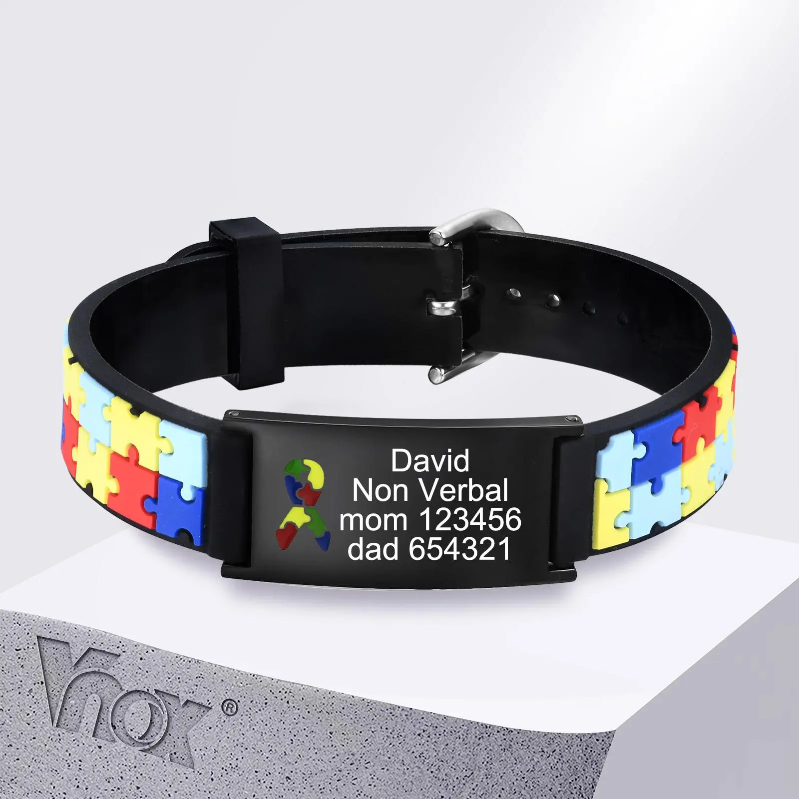 Vnox Free Custom Autism Awareness Bracelets for Men Women Adults, Engraved Anti Lost ID Bracelets, Adjustable Silicone Wristband