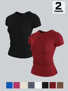 Women's Solid Round Neck Sports Tee, Breathable  Short Sleeve T-shirt for Yoga Gym Workout, Ladies Sportswear for Summer