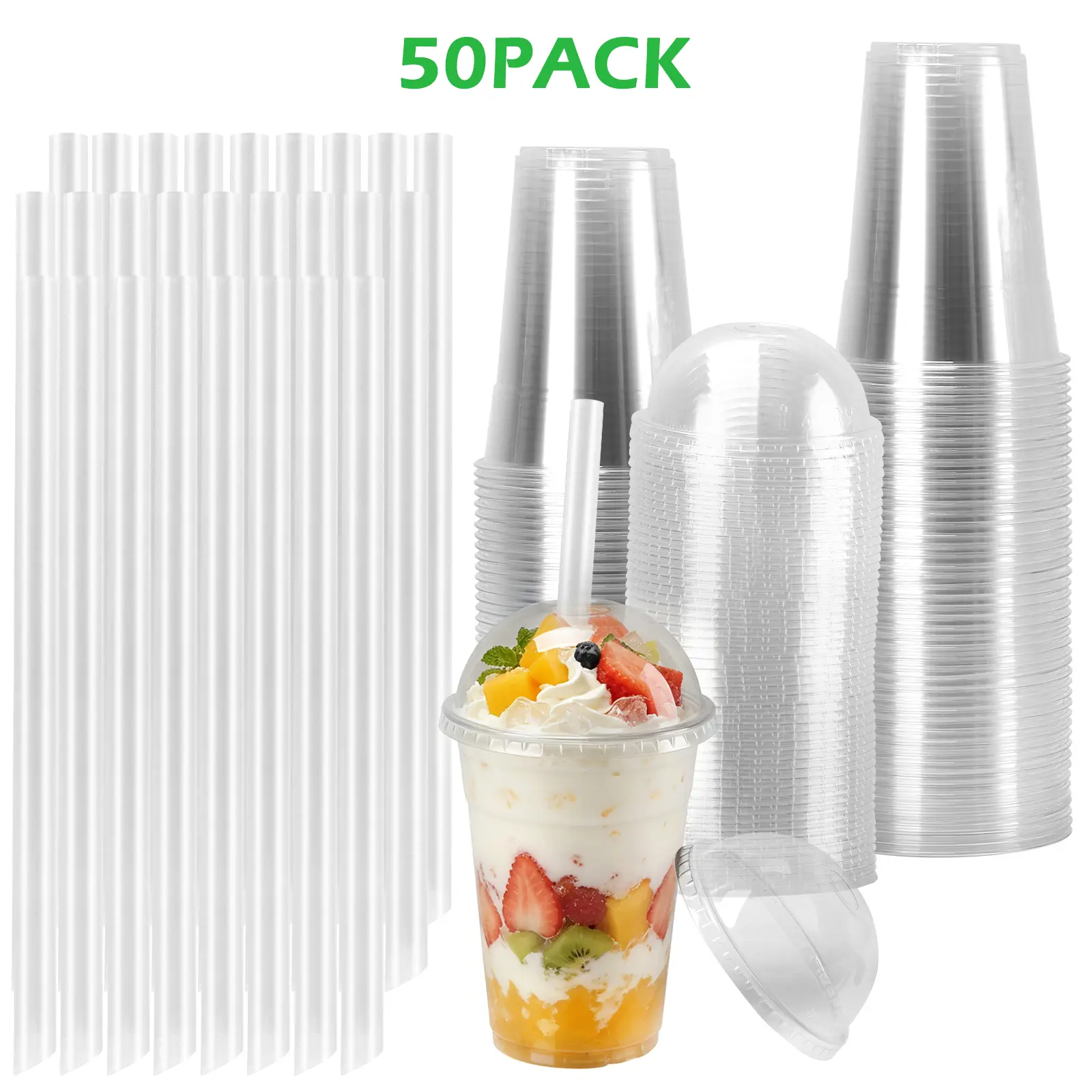 16oz Clear Disposable Plastic Cafe Cups with Dome Lids & Thick Straws - 50-Pack BPA-Free Recyclable PET Tumblers, Leak-Resistant To-Go Drinkware for Bubble Tea, Iced Coffee, Smoothie