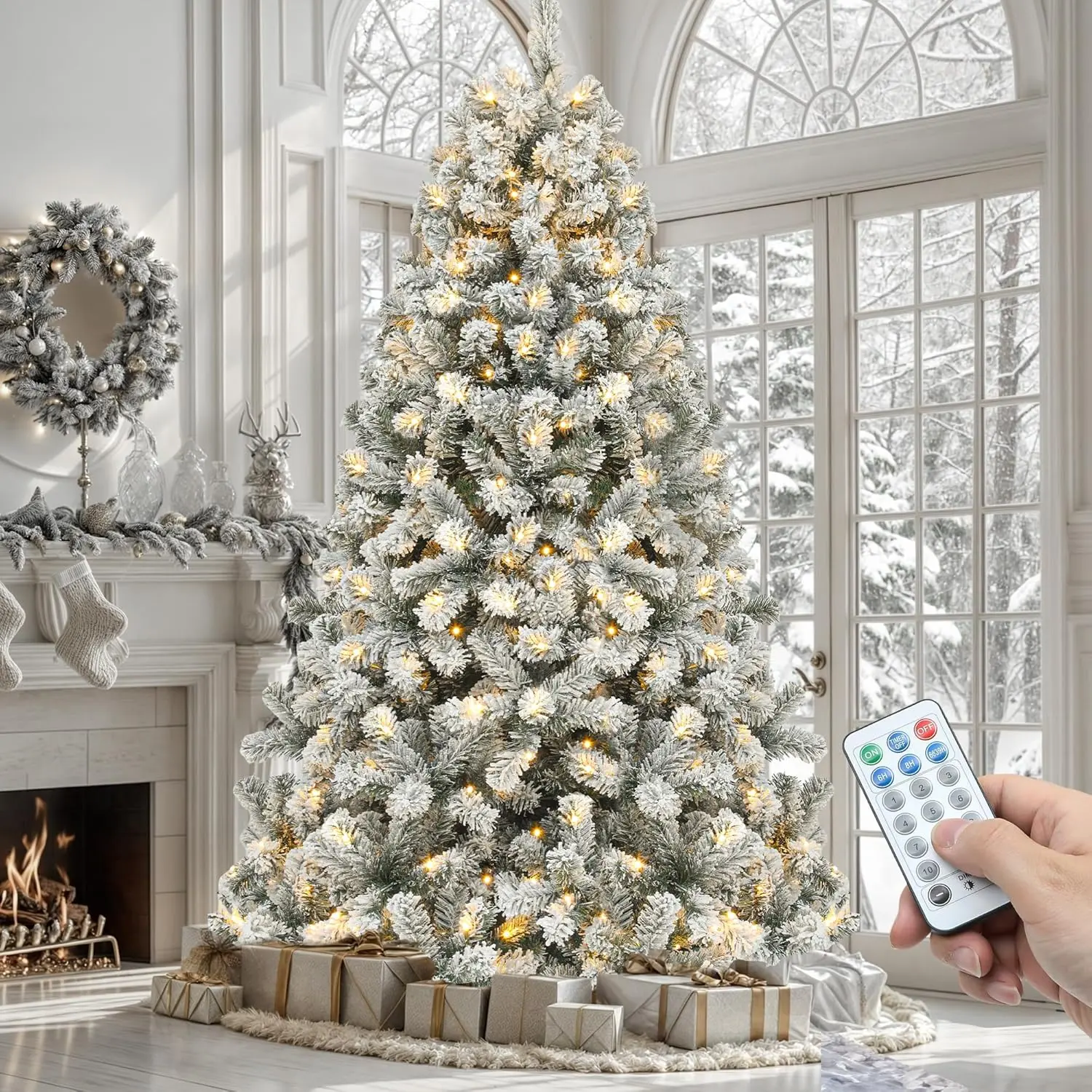 YITAHOME 6/7.5/9ft Prelit Snow Flocked Artificial Full Christmas Tree with Remote Control, Christmas Pine Tree with 11 Light-Modes, Branch Tips and Foldable Base for Home, Party Decoration