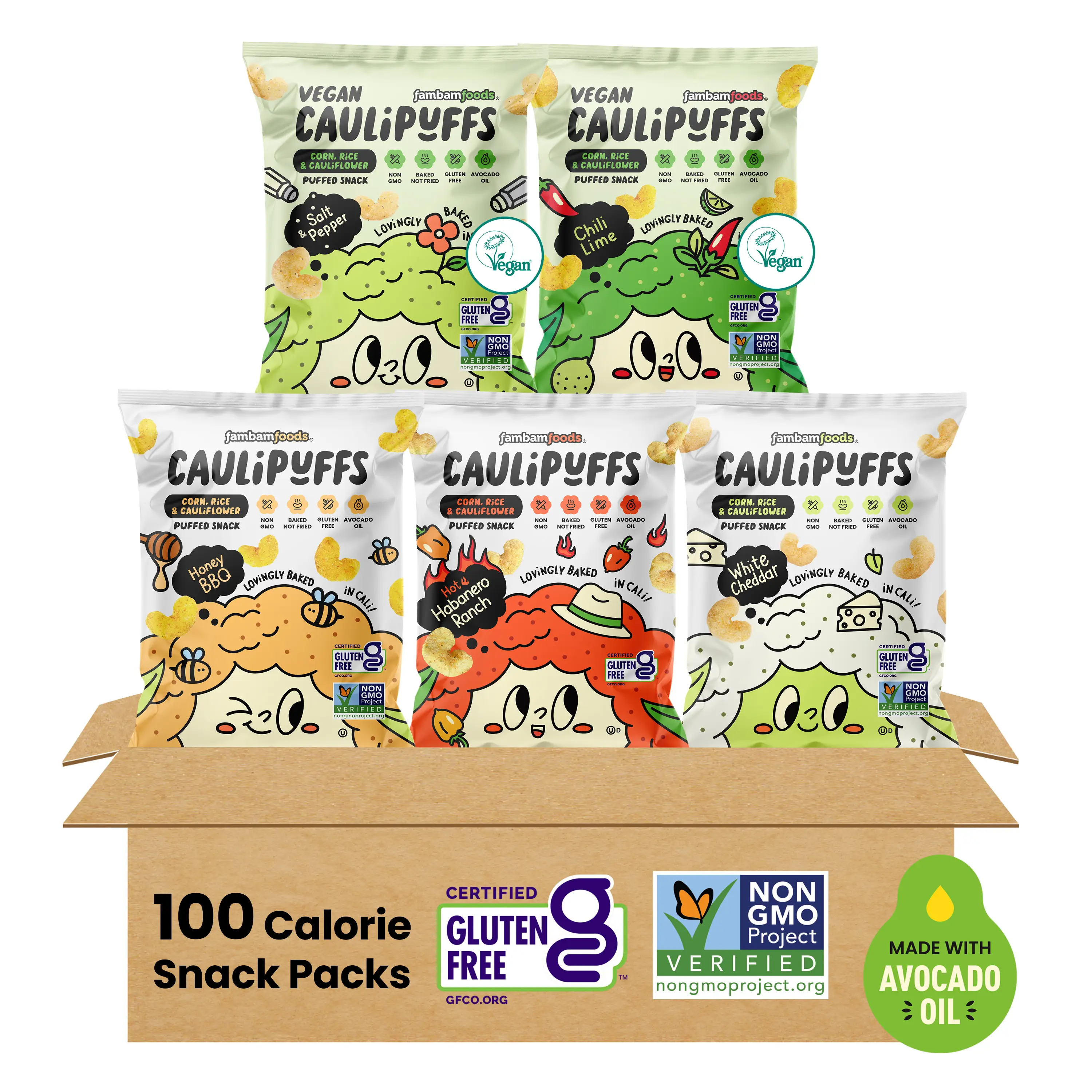 CauliPuffs 5-Pack Variety Snack-sized Bundle: 1 Vegan Salt & Pepper, 1 Vegan Chili Lime, 1 White Cheddar, 1 Habanero Ranch, 1 Honey BBQ