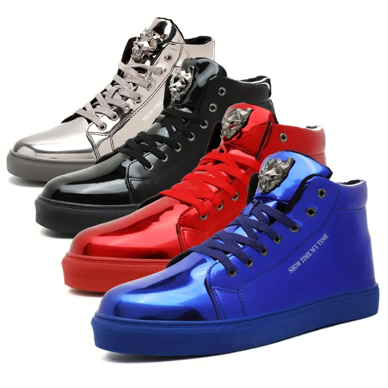 IGxx Men's High Top Lace-Up Casual Sneaker Footwear - Silver PU Upper, Round Toe, Stylish Metallic Finish, Skull Emblem, Plush Interior, Durable Rubber Sole, Vintage Solid Design, All-Season Versatile, Ideal for Parties, Party Wear
