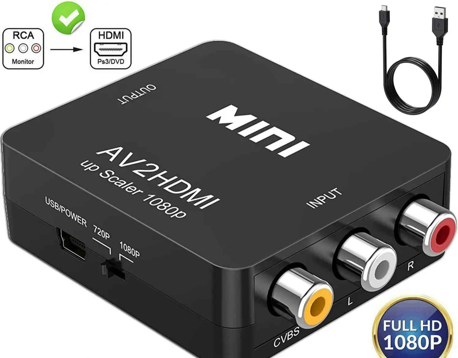 RCA to HDMI Converter Adapter AV 1080P For TV Audio Video Composite CVBS AV2HDMI