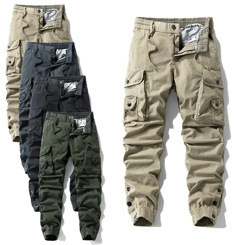 Men's Stretch Cotton Blend Jogger Cargo Pants - Menswear, Mid Waist, Elastic Drawstring, Multi Flap Pockets, Elastic Cuffs, Vintage Washed, Plain, Durable Gent Fabric, Casual Wear Outdoor Trousers, Stylish, Fitted Cut cuffed