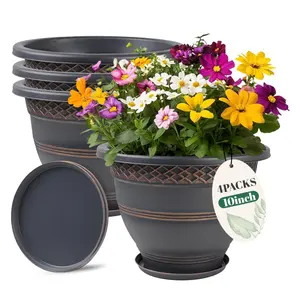 10 Inch 4 Pack Plant Pots, Plastic Flower Pot for Indoor & Outdoor with Drainage Holes & Saucer, Plaid Pattern Planters Garden Pots for Herbs