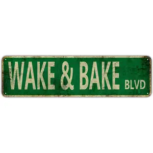 Vintage Tin Sign - Wake & Bake Blvd - Retro Metal Sign for Home Bar, Coffee Garden, Indoor/Outdoor Decor - 4"16"