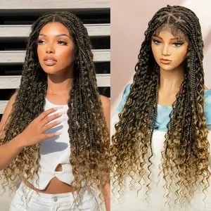 32" Boho Triangle Knotless Box Braided Wigs Full Double Lace Braid Wig for Women Lace Frontal Braided Wig with Boho Curls Lace Front Braids Wigs with Baby Hair