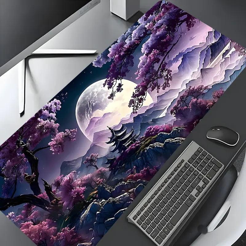 Dream Purple Moonlit Mountain Pagoda Design Large Gaming Mouse Pad,Aesthetic Desktop Accessory Drotection Pad,Washable Rubber Pad Non-Slip Lock Edge Multi-Size Mouse Pad Suitable For Home Office,Good Gift for Family and Friends,Computer Desk Accessories