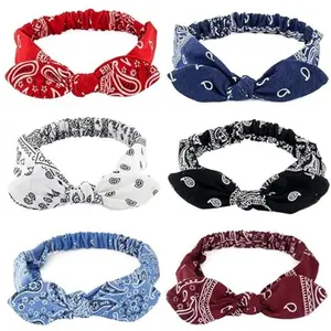 6 Pack Elastic Paisley Bandana Knot Headbands Rabbit Ear Bow Headband Turban Headwraps Hair Band for Women Girls Round Vintage Snake Styling Thin
