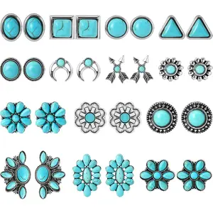 14 Pairs Turquoise Stud Earrings for Women Hypoallergenic Earring‌Turquoises Jewelry Gemstone Oval Round Flower Shape Square Studs Turquoise Earrings for Women