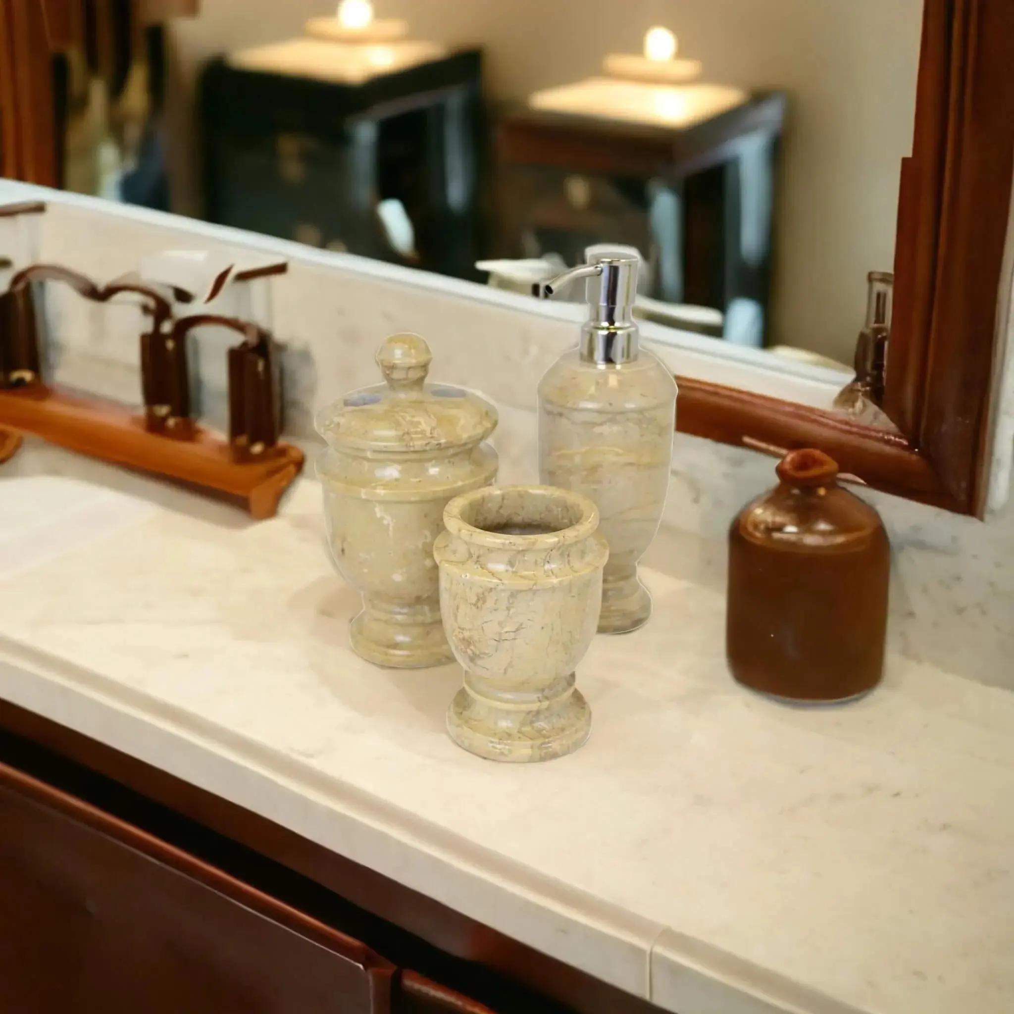 3 Piece Bathroom Accessory Set- Elegant Bathroom set in Sahara Beige Marble