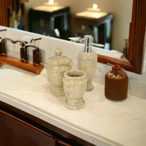 3 Piece Bathroom Accessory Set- Elegant Bathroom set in Sahara Beige Marble