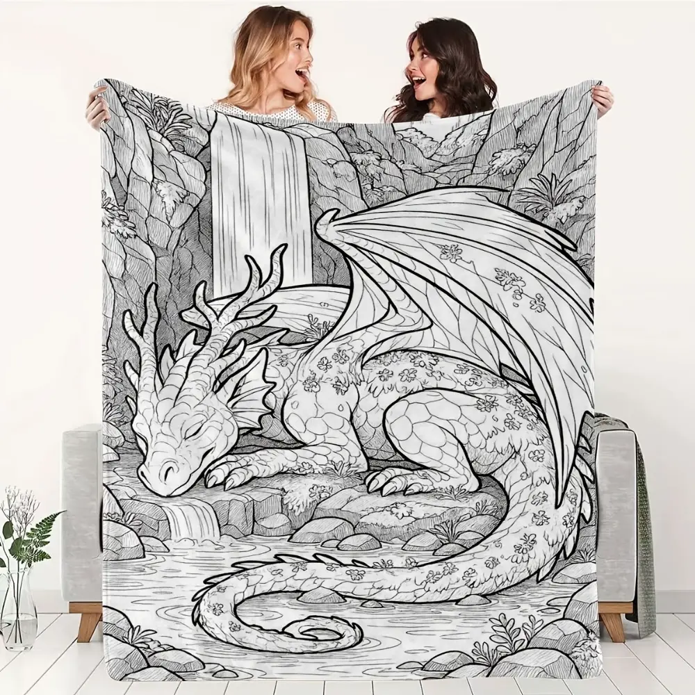 Dragon Coloring Book Style Blanket, Soft Flannel Throw Blanket with Black White Fantasy Dragon Waterfall Mountain Print, Cozy Gift for Kids Boys Girls Teens and Dragon Lovers, Magical Mythical Room Decor for Bed Couch Sofa Dorm, Lightweight Blanket