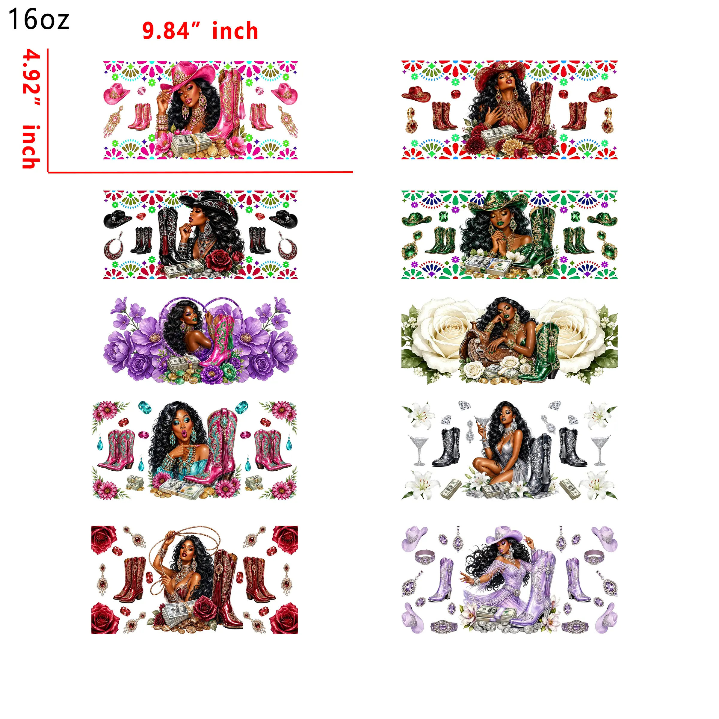 (T5) 20pcs western girl 16OZ Tumbler Cup Wraps, Waterproof Fade-Resistant Decal Stickers, Vivid HD Print with Strong Adhesion, Customizable Transfers for Glass Cups, Mugs & Smooth Surfaces, DIY Art Craft Supplies