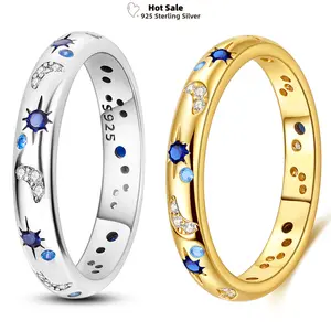 HOT Size 4 to10 Rings For Women 925 Silver Blue Zircon Bright Starry Night Star Moon Sun Golden Yellow Wedding Ring Jewelry Gift