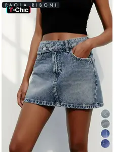 Women's Plain Overlap Waist Zipper Fly Fitted Denim Skirt, Casual Button Pocket Mini Skirt for Daily Wear, Ladies Bottoms for All Seasons