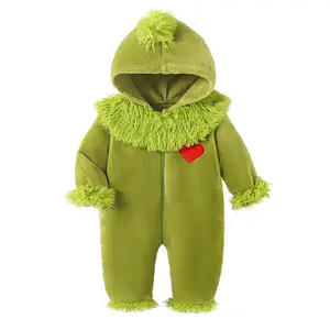 Infant Baby Boy Girl Christmas Valentine's Day Outfit Hooded Zipper Jumpsuit Romper Furry Green Monster Xmas Spring Clothes