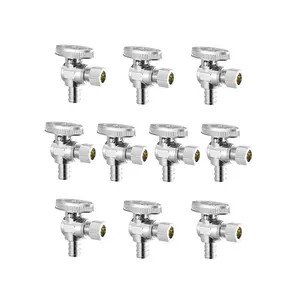 VEVOR 10 Pack Angle Stop Valve, Water Shut Off Valve 1/2" PEX x 3/8" OD Compression, 1/4 Turn Chrome Plated Brass Shutoff Valves for Bathroom Kitchen Toilet Shower Plumbing
