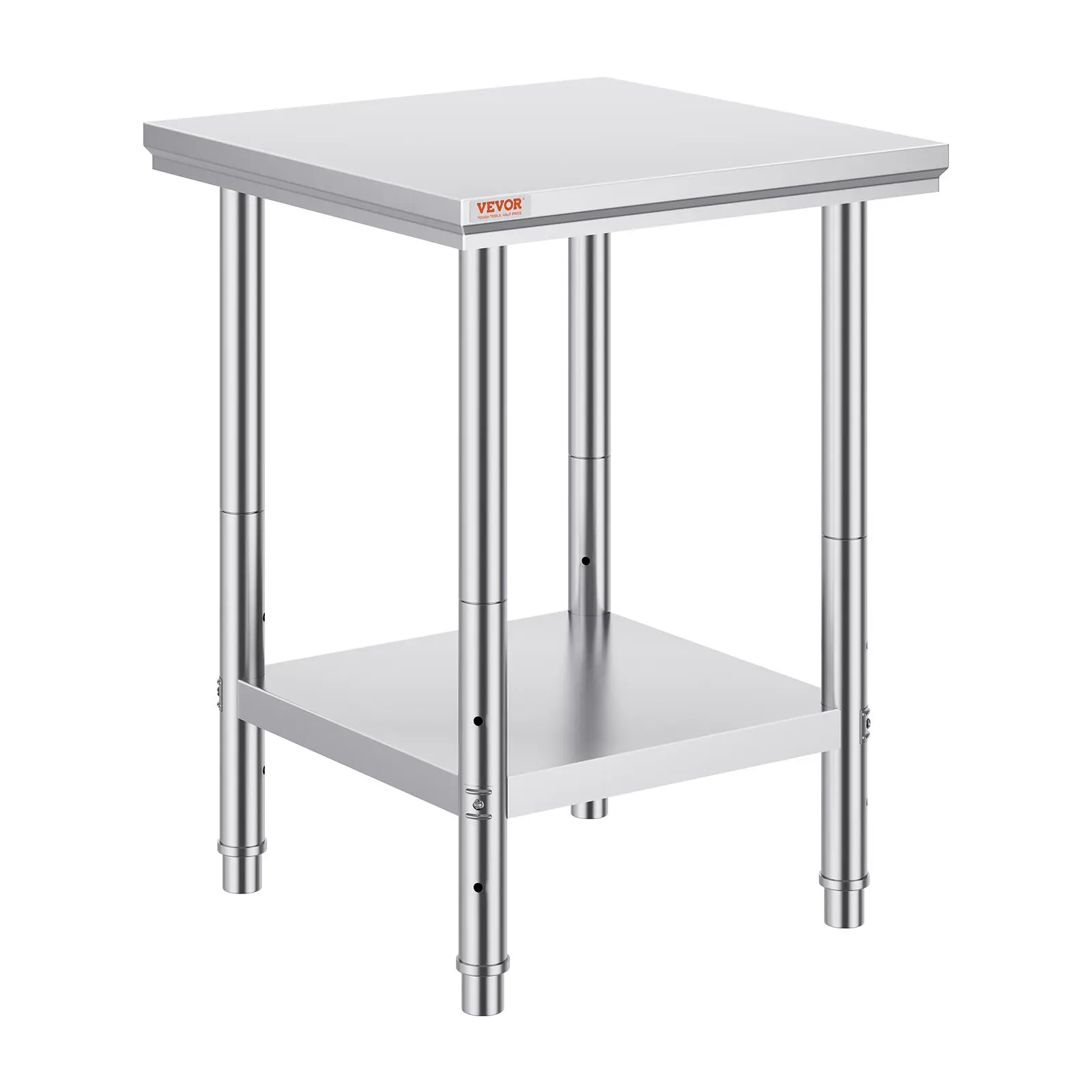 【Summerfinds】VEVOR Sturdy Stainless Steel Prep Table - 24x24x31 in, 700 lbs Load Capacity, Heavy-Duty Multifunctional Metal Worktable with 3 Adjustable Height Levels, Smooth Workstation with Shelf for Kitchen, Garage, Square