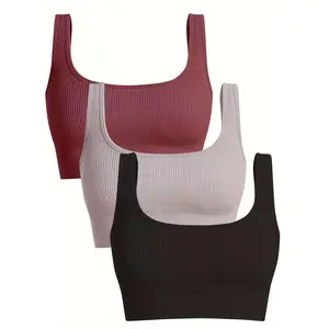 3PCS Women's Sports Bra, Plus Size Rib Knit Plain High Elastic Fabric Comfortable Wireless Removable Pads Sportswear Activewear Yoga Fitness Gym Running Push Up Bra