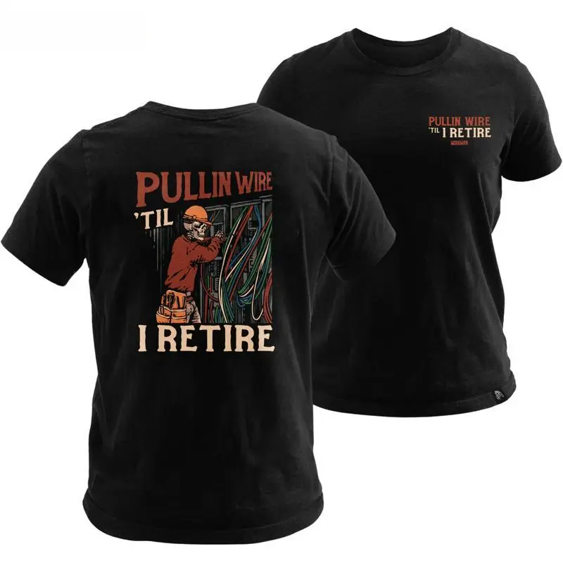 Casual Electrician T-Shirt, Pullin' Wire Graphic Print 100% Cotton Round Neck Top, Unisex Short Sleeve Menswear Gift for Tradesmen, Shortsleeve, Tops