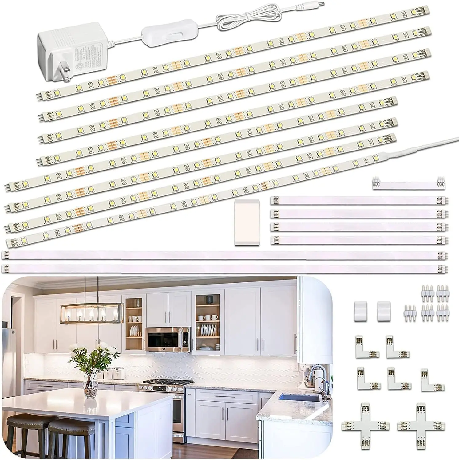 LED Display Light Kit, Set of 8x12 inch LED Strip Bar, Cabinet Lighting for Showcase, Bookshelf,Kitchen Counter,Shelves,Rope Lighting with 24W Adapter,6000K White DIY Lamp,Cross Light