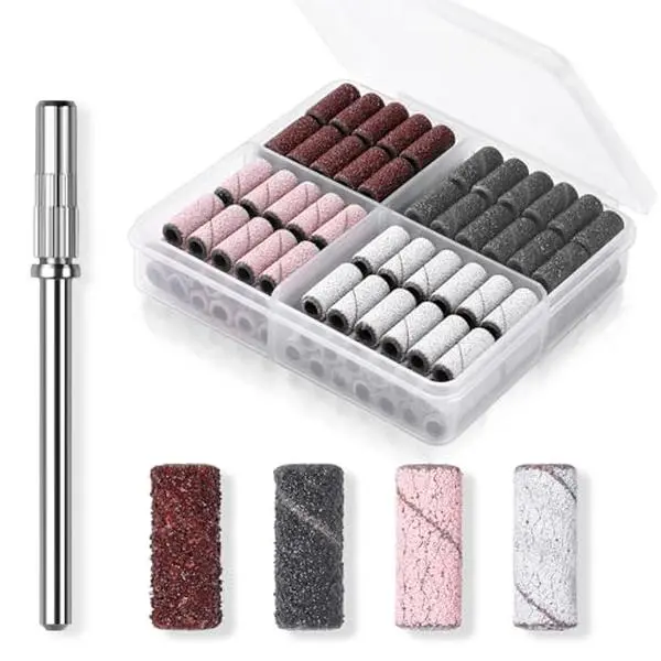 Makartt Nail Drill Sanding Bands - 100Pcs 80/120/180/240 4 Color Grit File | Drill Bits Sanding Bands for Nail Drill with 3.1mm Mini Mandrel Nail Bit Set for Acrylic Nails Gel Manicures and Pedicure