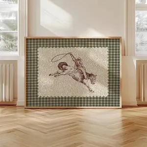 1pc Vintage Striped Rodeo Wall Art Picture Western Cowboy Prints Canvas Paintings Giddy Up Horse Posters Rustic Mid Century Modern Decor For Bedroom, Living Room, Or Apartment ,Dorm Room Decor Gift For Her Unframed