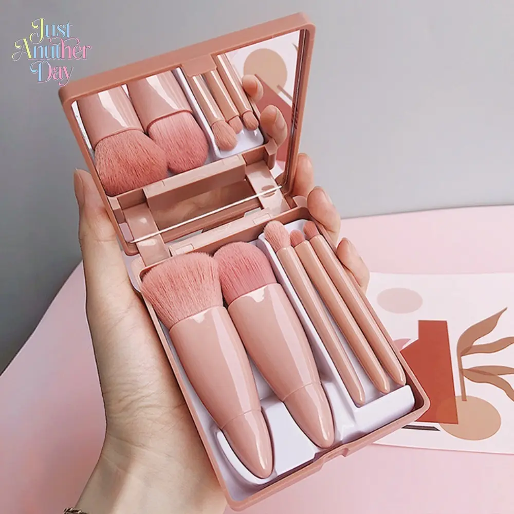 5-Piece Portable Makeup Brush Set with Mirror, Travel Cosmetic Kit Including Blush, Powder, Foundation and Eyeshadow Brushes