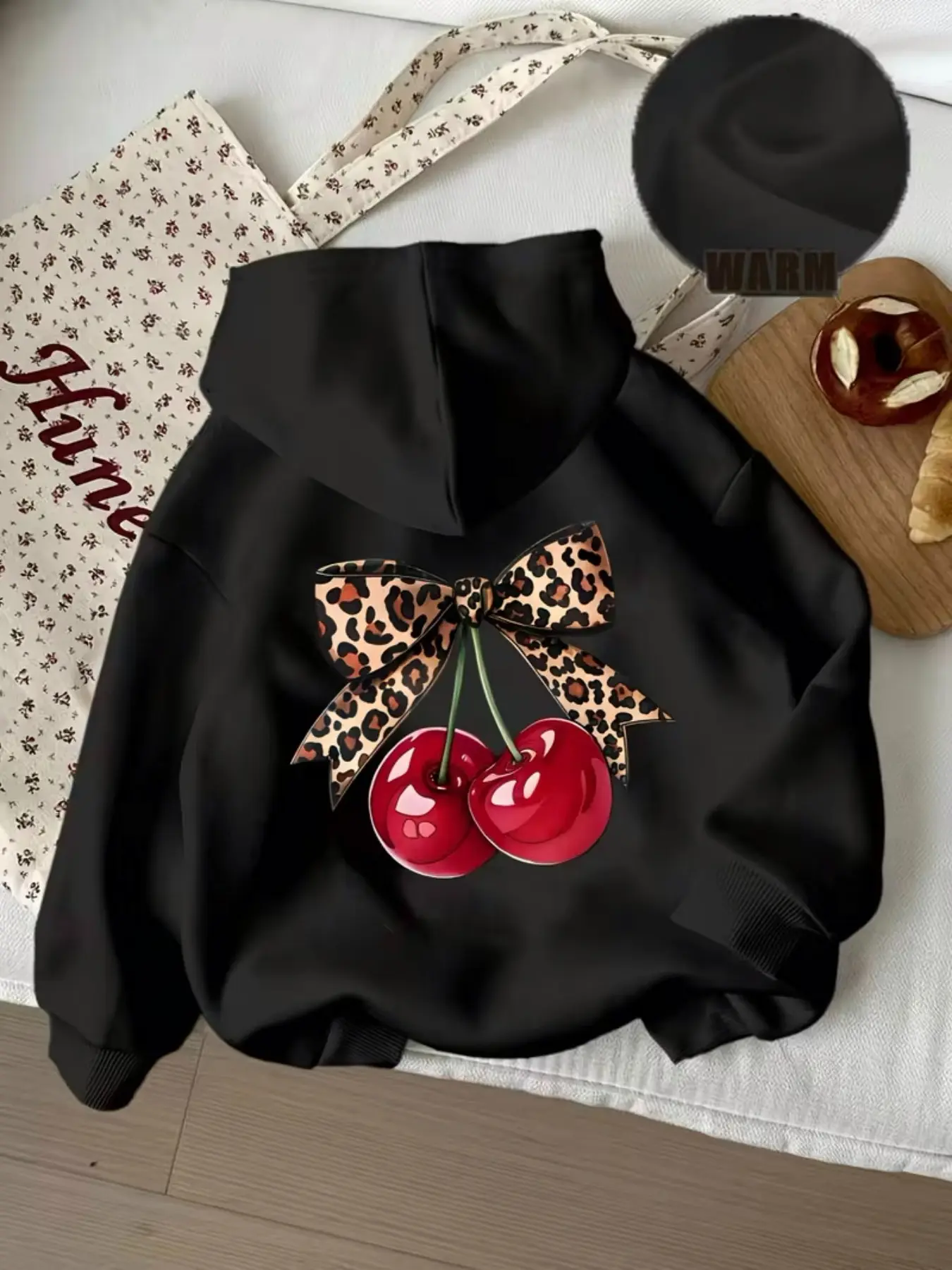 Women's Dropped Shoulder Long Sleeve Hoodie with Leopard Bow Cherry Print, Leopard Bow Detail Hoodie, Casual Drawstring Pocket Sweatshirt for Fall & Winter, Drop Shoulder Hooded, Printed Hoodies