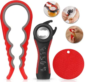 Jar Opener, 5 in 1 Multi Function Can Opener Bottle Opener Kit with Silicone Handle + Rubber  Gripper Pad Easy to Use for Children, Kitchen Lid