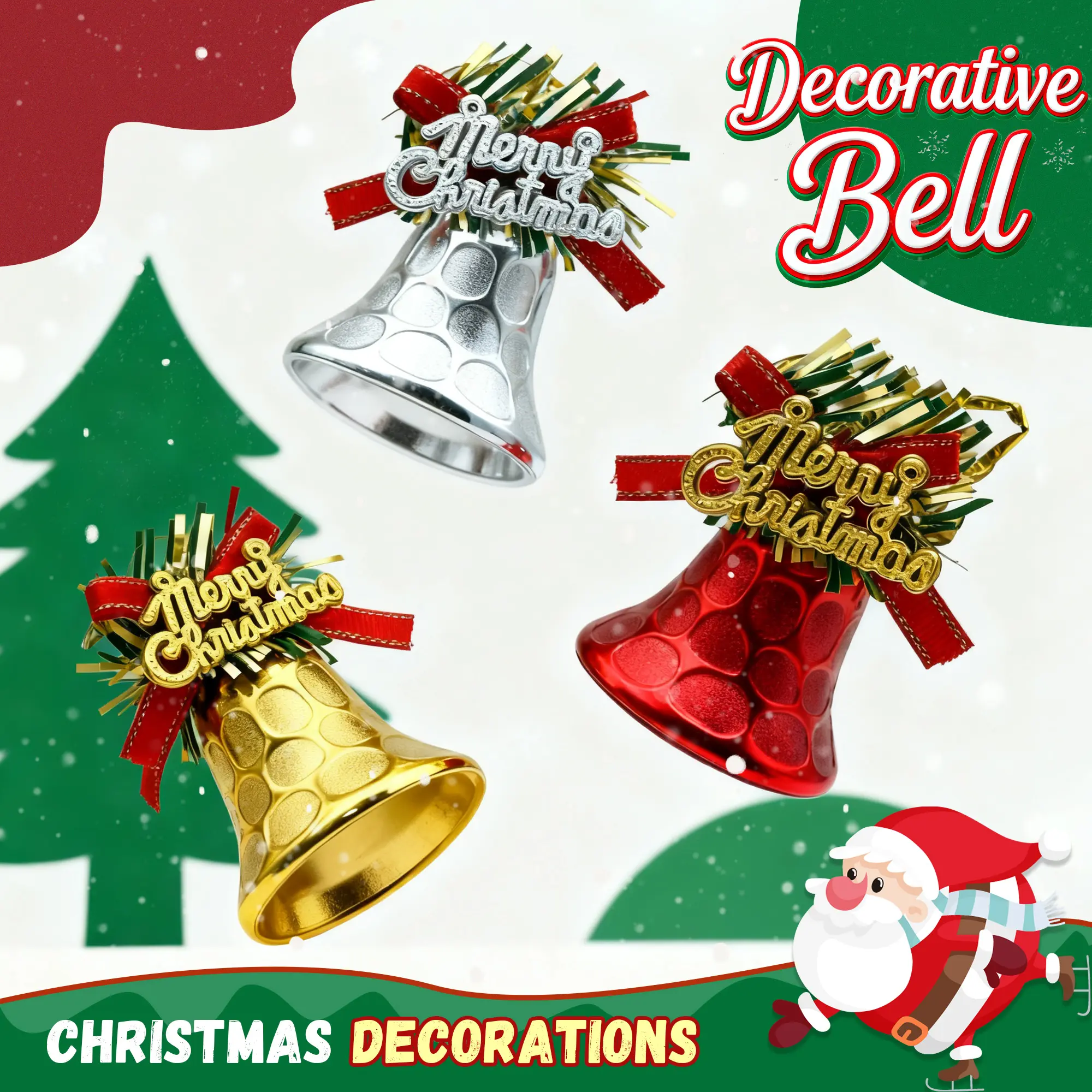 Christmas Gold Bell Set 4 metal gold bells with red bows and Christmas greeting tags, Christmas tree ornaments, festive decorations. Bells come with red ribbons. Christmas gifts vintage decor，Universal Gifts for Everyone