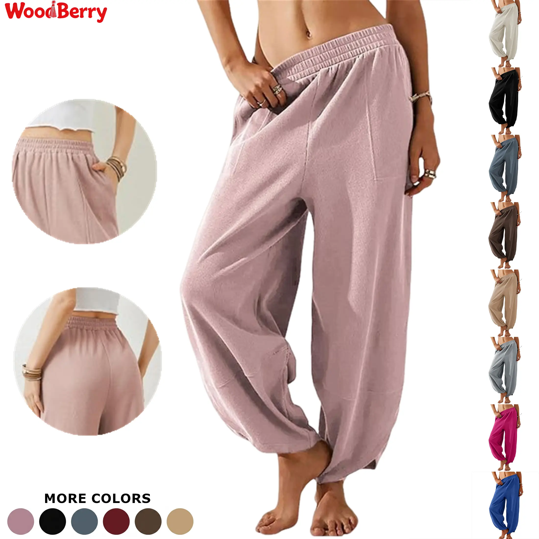 Woodberry Women's Loose Harem Pants - Casual Cotton Blend Baggy Trousers with Elastic Waist, Pockets for Beach, Lounge Wear - Women's Bottoms, Women's Clothes