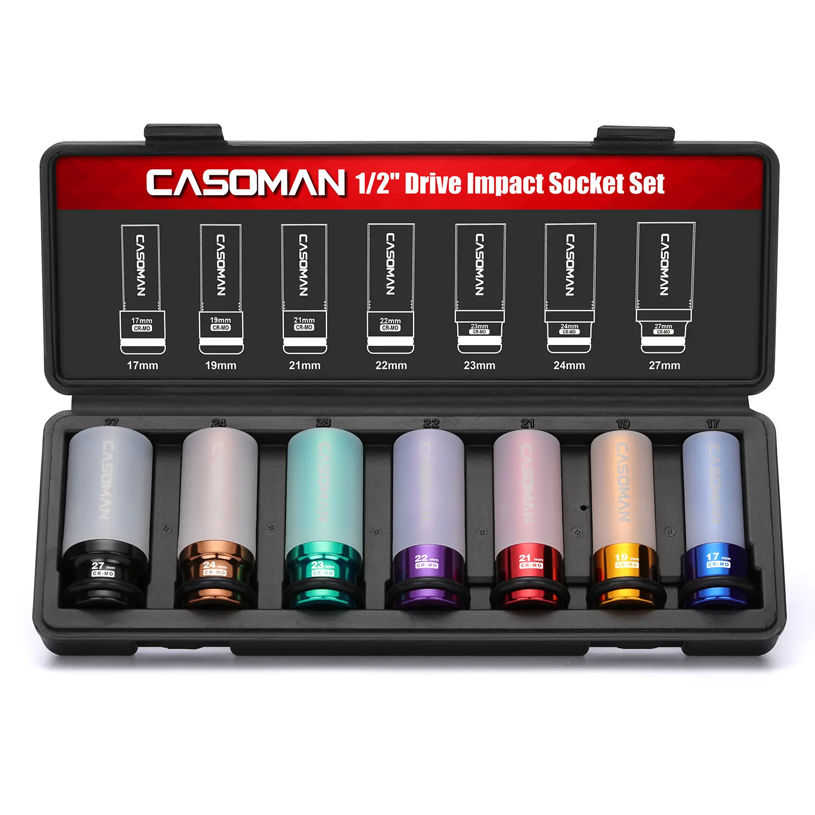 CASOMAN 7PCS 1/2" Drive Deep Lug Nut Impact Socket Set, Non-marring & Thin Wall Wheel Protector, Color-Coded, 85mm Length, 6 Point, Metric, CR-MO sohochic #toolupgrade