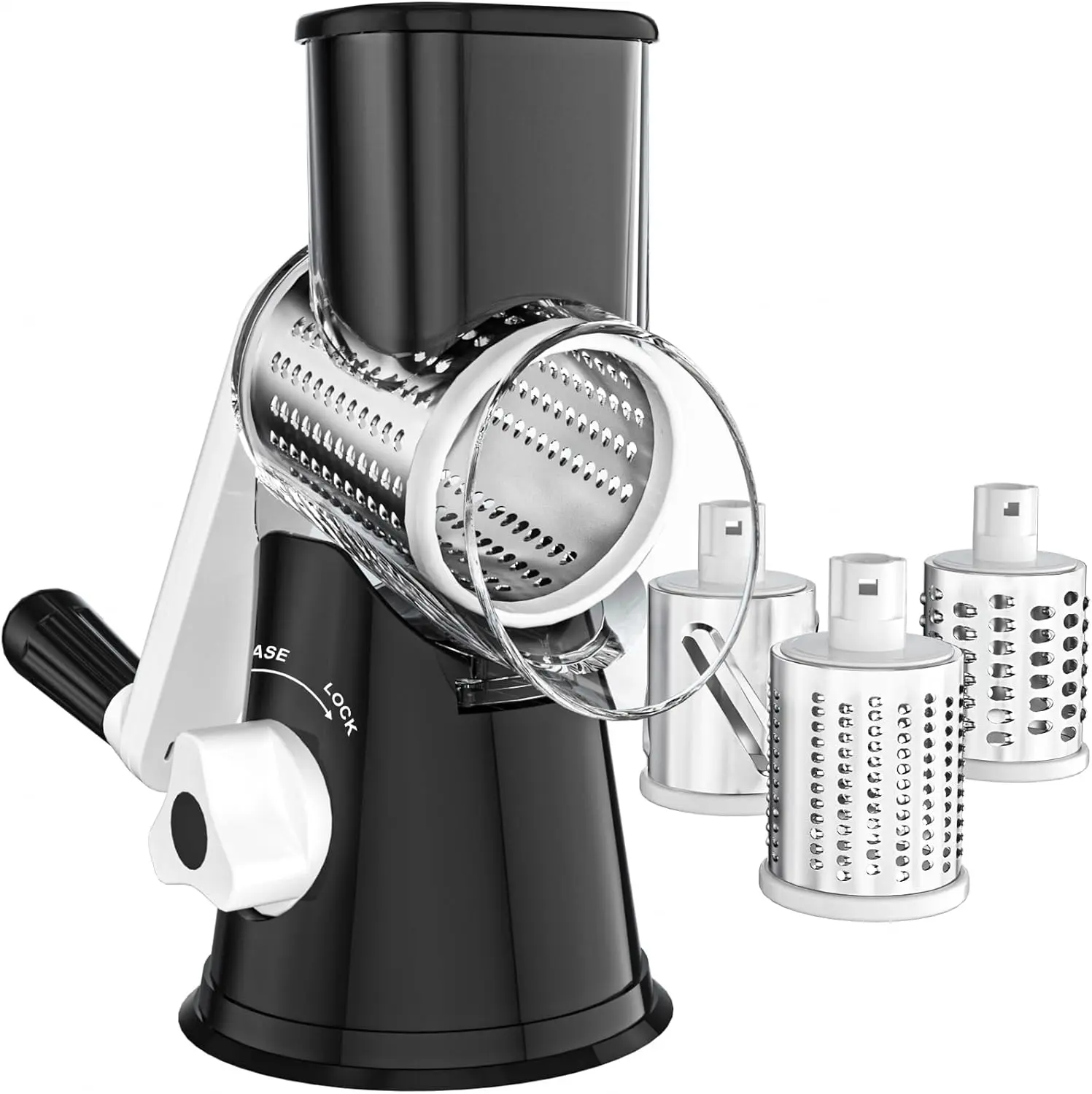 Cheese Grater Hand Crank, Rotary Vegetable Shredder with Handle and Strong Suction base, 3 in 1 Kitchen Speed Spin Veggie Slicer Nut Grinder for Pizza Top, Hash brown, Salad and More (Black)