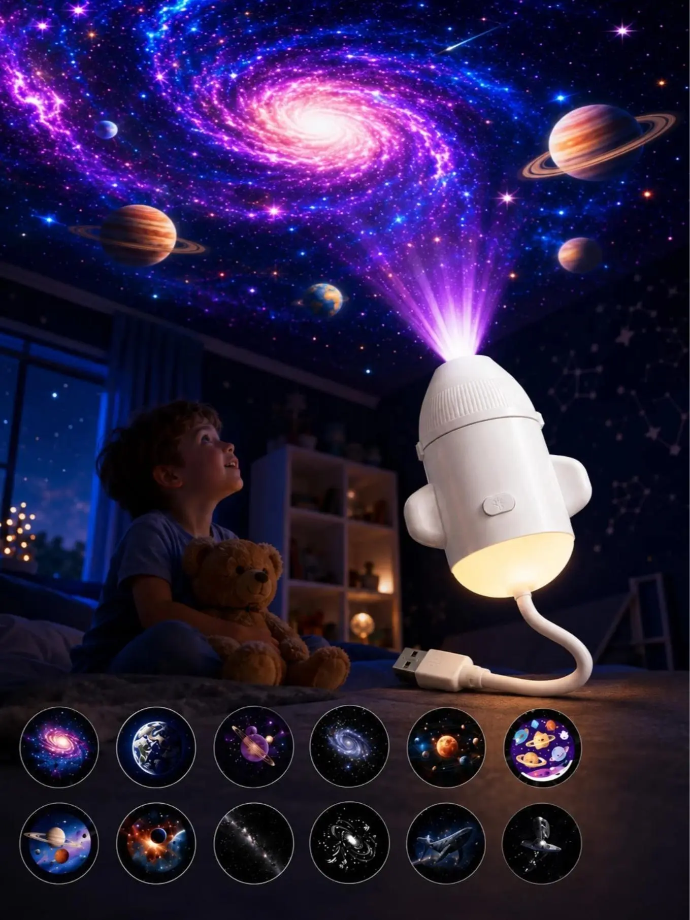Rocket-Shape LED Projection Light - Compact Space-Themed Bedroom Decor, Galaxy Nebula Starry Sky Planet Displays, Festive Party Gift for Birthdays Valentine's Day