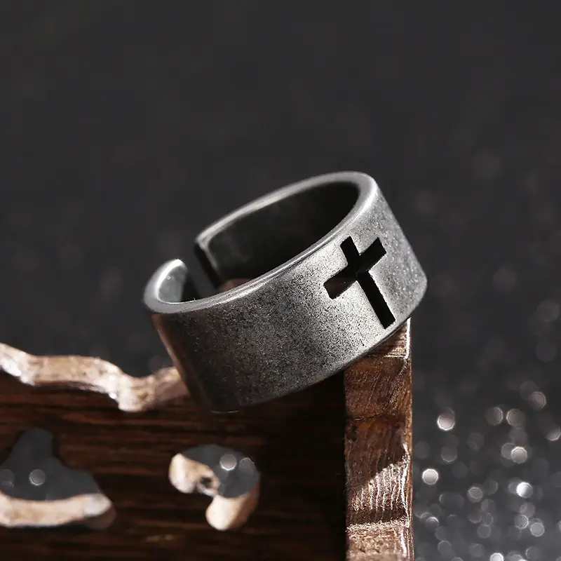 Vintage Cut-Out Cross Religious Icon Ring - Stainless Steel Geometric Band, Adjustable Bold Band, Faith-Based Fashion Jewelry for Men & Women, Cross Religious Icon Rings, Geometric Bands Rings