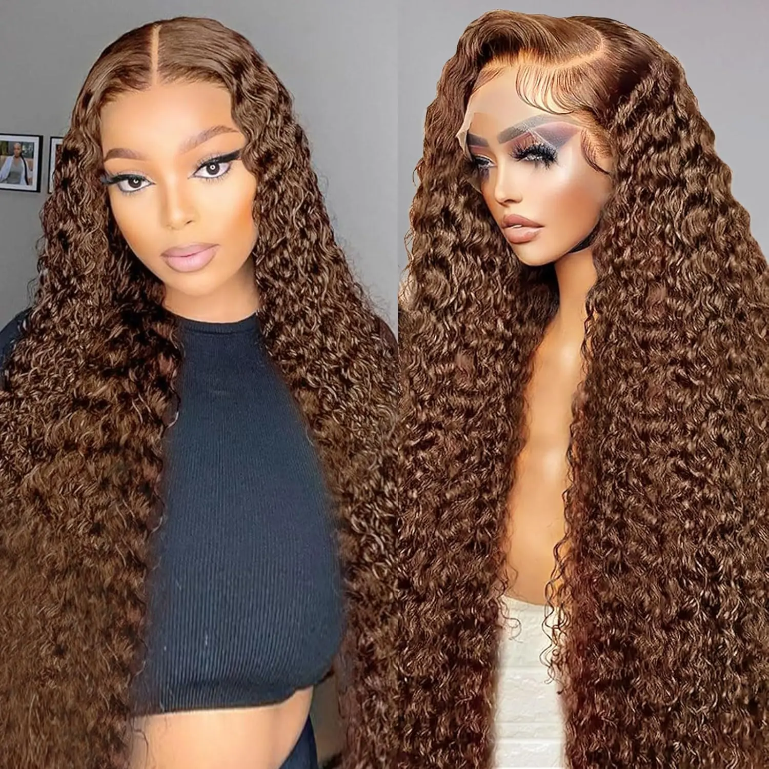 Chocolate Brown Deep Wave 13x6 Lace Front Wigs Human Hair 180% Density HD Lace Frontal Wigs for Women Pre Plucked real