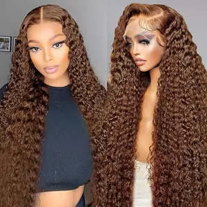 Chocolate Brown Deep Wave 13x6 Lace Front Wigs Human Hair 180% Density HD Lace Frontal Wigs for Women Pre Plucked real